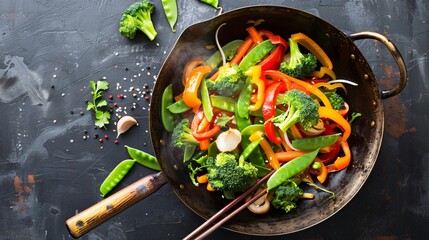A vibrant stir-fry of mixed vegetables in a wok, featuring bell peppers, broccoli, snap peas, and...