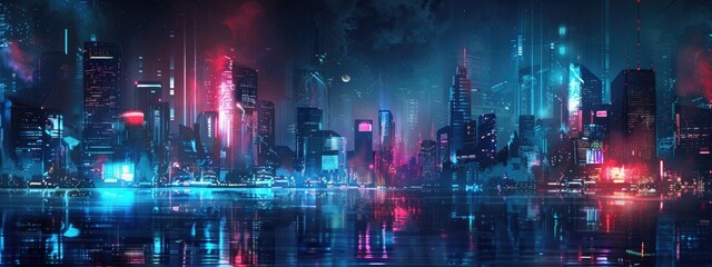 Futuristic urban skyline with bright  colorful lights and tall structures. Premium background for the latest technology needs