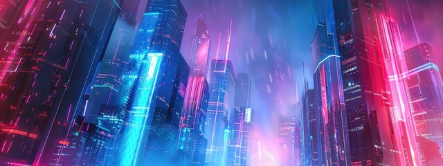 Futuristic urban skyline with bright  colorful lights and tall structures. Premium background for the latest technology needs