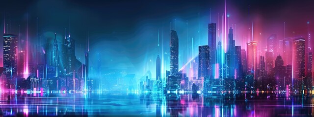 Futuristic urban skyline with bright  colorful lights and tall structures. Premium background for the latest technology needs