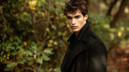 Fototapeta premium Portrait of high fashion gorgeous supermodel in medieval natural environment. Realistic photo of model in nature with perfect lighting scene.