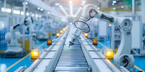 Industrial robots symbolize modernity and represent technological progress. which reflects high efficiency and precision in work Images can be used in presentations about production technology.