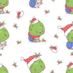 Seamless pattern with Christmas turtle in Santa hat