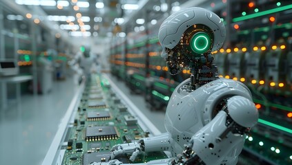 Fototapeta premium Industrial robots symbolize modernity and represent technological progress. which reflects high efficiency and precision in work Images can be used in presentations about production technology.