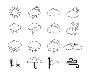 Weather icons. Weather forecast icon set. Clouds logo. Weather , clouds, sunny day, moon, snowflakes, wind, sun day. Vector illustration. Editable stroke line icons, white background.