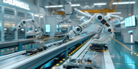 Industrial robots symbolize modernity and represent technological progress. which reflects high efficiency and precision in work Images can be used in presentations about production technology.