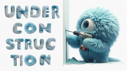 Small fluffy monster drills with a drill. Symbolic image for maintenance work on a website. Fluffy English text: under construction.
