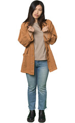 Full-body young Chinese woman showing that she has no money.