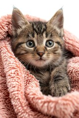 Naklejka premium A kitten wrapped in a soft towel in a bundle of cuteness. Kitten with curious eyes curled up in the comfort of the towel.