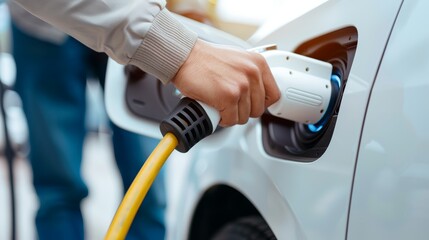 Human hand connecting electric car charger to EV, close-up, electric vehicle charging infrastructure