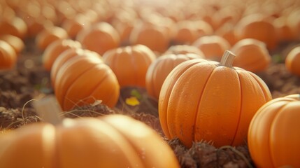 Intimate view of a pumpkin patch, highlighting the unique patterns and textures of each pumpkin, with sunlight enhancing their natural beauty