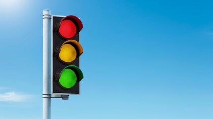 Isolated traffic light on a sunny day, red, orange, and green lights all illuminated, the vivid blue sky serving as a perfect backdrop, showcasing clear and distinct signals