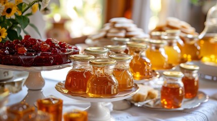 A variety of homemade honey and jams made from ingredients sourced from the local area available for guests to sweeten their tea.