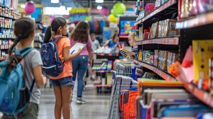 A busy school supply store with parents and children picking out notebooks, backpacks, and other essentials