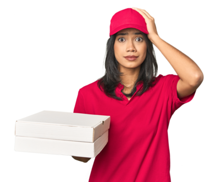 Latina delivering pizza, studio setup being shocked, she has remembered important meeting.