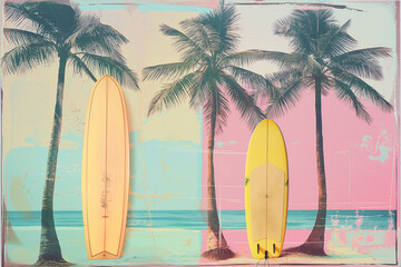 Minimal summer pastel concept, soft colors of tropical background, pastel palm trees, palm leaf and 
 and and surfboards. Exotic summer beach concept. Generative AI.