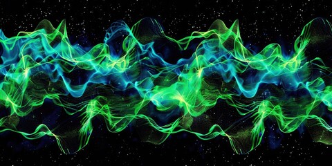 Vibrant 3D light waves in blue and green create dynamic digital landscape with abstract, colorful cyber design elements AIG62