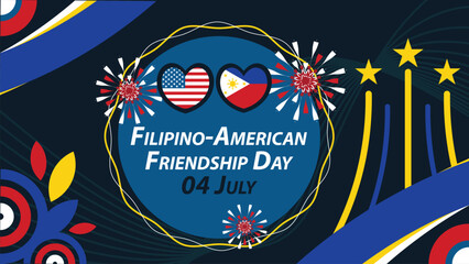 Filipino-American Friendship Day  vector banner design with geometric shapes and vibrant colors on a horizontal background. Happy Filipino-American Friendship Day modern minimal poster.