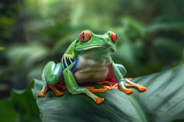 Fototapeta premium Full body view of American Green Tree Frog on leave in natural habitat, full body shot, full body View