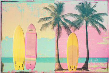 Minimal summer pastel concept, soft colors of tropical background, pastel palm trees, palm leaf and 
 and and surfboards. Exotic summer beach concept. Generative AI.
