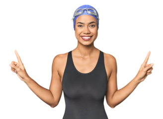 Pro Latina swimmer in studio gear indicates with both fore fingers up showing a blank space.