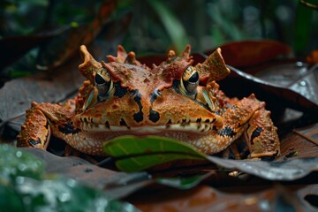 Full body view of Malaysian Horned Frog on leave in natural habitat, full body shot, full body View