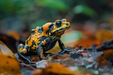 Fototapeta premium Full body view of Yellow Harlequin Toad on leave in natural habitat, full body shot, full body View