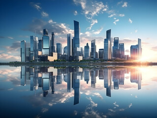 Fototapeta premium City square and skyline with modern buildings scenery, Aerial view of a business city and commercial area building, high rise building for business environment