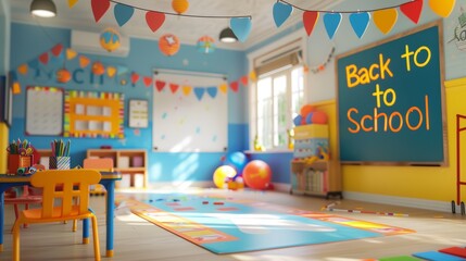 A cheerful classroom filled with colorful decorations and a welcoming "Back to School" banner
