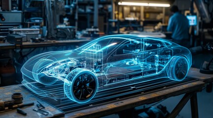Glowing blue neon car model in an auto repair shop. Holographic Model of a machine with transparent blue units and systems, mechanisms