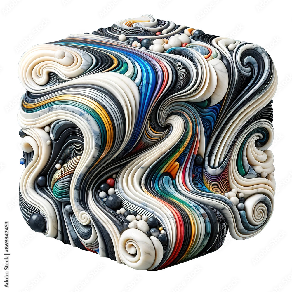 Poster abstract object made of multi-colored strips of marble 4, which is similar to a cube