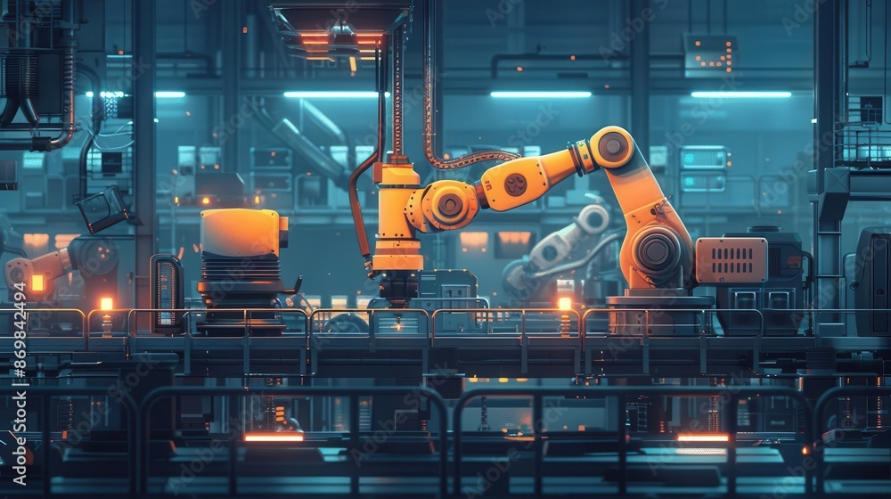 Poster futuristic robotic arms working in an advanced automated factory with neon lighting. high-tech indus