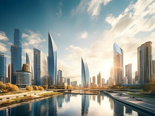 Fototapeta premium City square and skyline with modern buildings scenery, Aerial view of a business city and commercial area building, high rise building for business environment