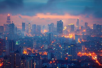 Fototapeta premium Golden sunlight casting light over a busy cityscape.