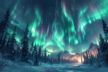 Obraz premium The mesmerizing natural display of the Northern Lights illuminating a snow-covered mountainous pine forest landscape with a serene winter stream under a starry night skyNorthern Lights