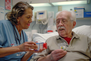 Obraz premium nurse carefully administering medication to an elderly patient. The nurse is holding a pill organizer and a glass of water, ensuring the patient takes the correct dosage. The setti