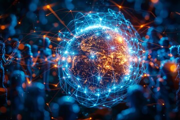 Fototapeta premium Illuminated digital globe in futuristic network with interconnected glowing lines and points, representing global communication and technology integrationglobal communication