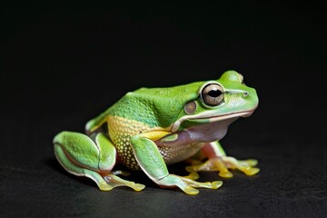 Naklejka premium the beside view American Green Tree Frog, left side view, white copy space on right, isolated on black background