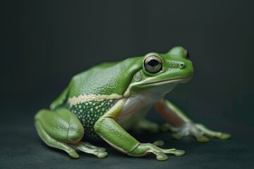 Obraz premium the beside view American Green Tree Frog, left side view, white copy space on right, isolated on black background