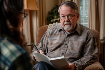 closeup portrait-style photo capturing a counselor with a notebook and pen, jotting down important points as they listen to the patient. The counselor's focused expression and the