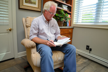 Fototapeta premium closeup portrait-style photo capturing a counselor with a notebook and pen, jotting down important points as they listen to the patient. The counselor's focused expression and the