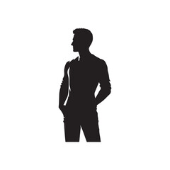 Man in jacket standing with hand in his pocket, side view, isolated vector silhouette