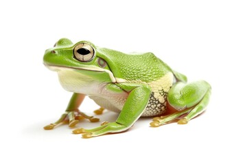 Obraz premium the beside view American Green Tree Frog, left side view, white copy space on right, isolated on white background