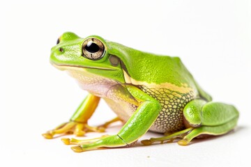 Obraz premium the beside view American Green Tree Frog, left side view, white copy space on right, dutch angle view, isolated on white background