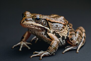 Fototapeta premium the beside view Common Frog, left side view, white copy space on right, isolated on black background