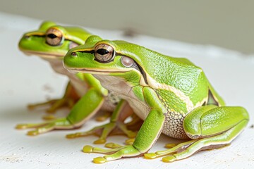 Obraz premium the beside view American Green Tree Frog, left side view, white copy space on right, dutch angle view, isolated on white background