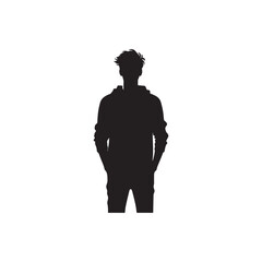 Man in jacket standing with hand in his pocket, side view, isolated vector silhouette