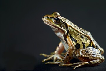 Obraz premium the beside view Common Frog, left side view, white copy space on right, isolated on black background