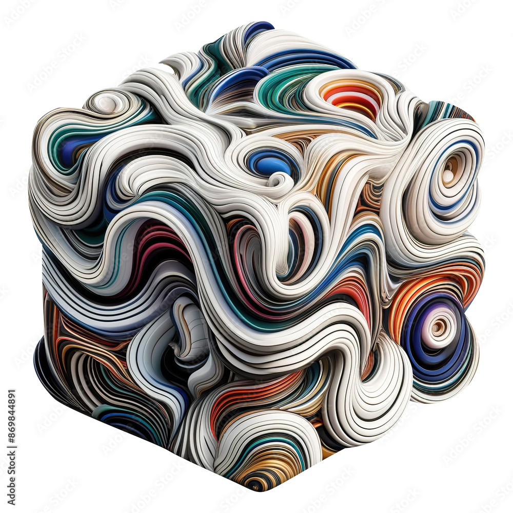 Poster an abstract object made of multi-colored strips of marble 13, which form a cube