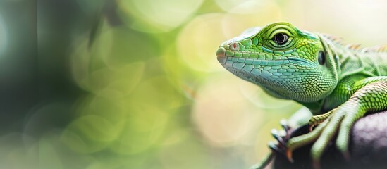 Fototapeta premium green lizard on the edge of an armrest, with its head tilted to one side and eyes looking at something in front Generative AI